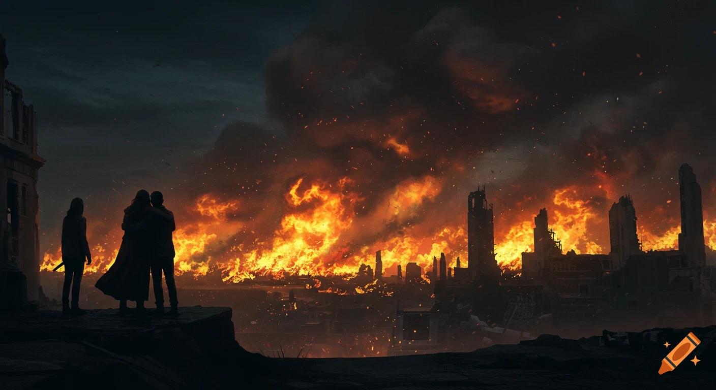 Silhouettes of three people watch a city engulfed in flames from a cliff edge.