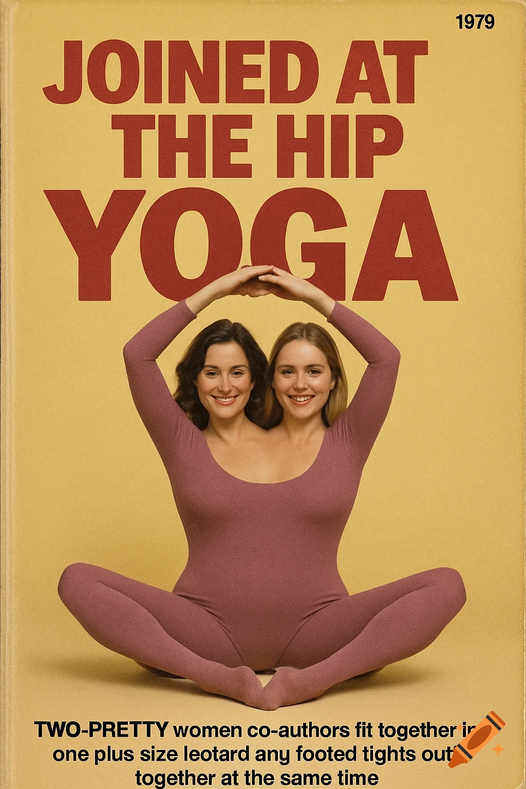 Book cover 'Joined at the Hip Yoga' (1979) showing two women merged into one figure in a leotard doing yoga.