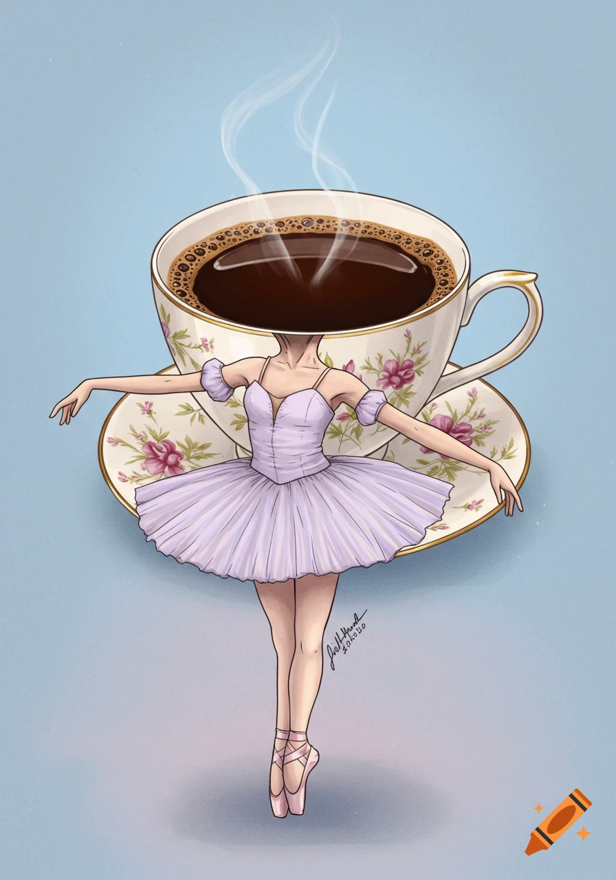 An illustration of a ballerina with a teacup full of coffee for a head.