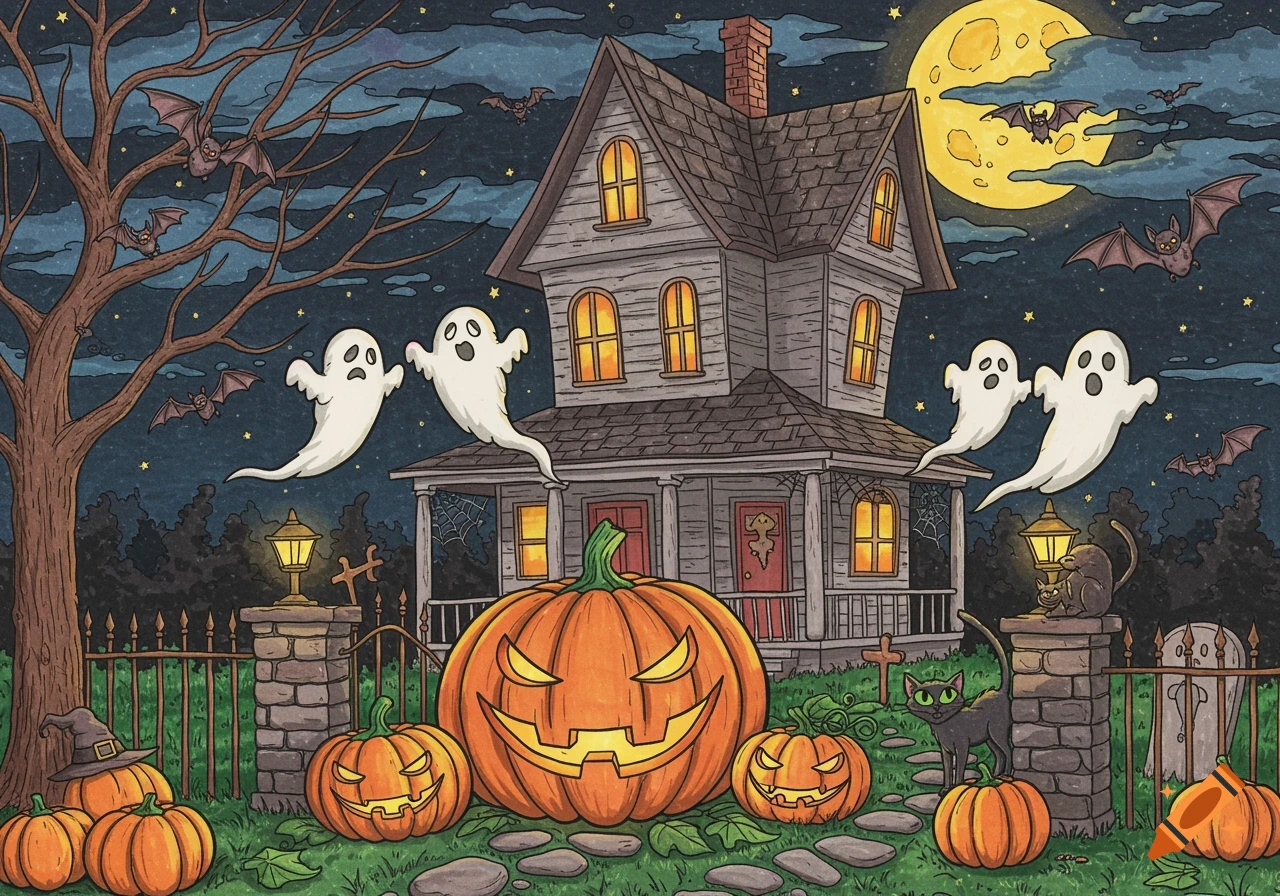 A cartoon illustration of a haunted house on Halloween night with ghosts, carved pumpkins, bats, and a black cat.