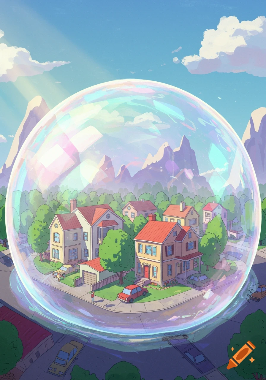 Cartoon illustration of a suburban neighborhood enclosed within a large iridescent bubble, with mountains and sky in the background.