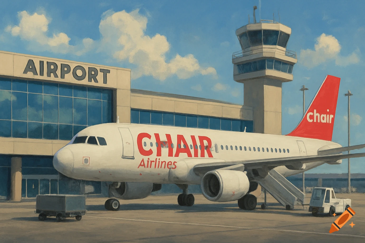 An airplane parked at an airport terminal with a control tower, text says "CHAIR Airlines".