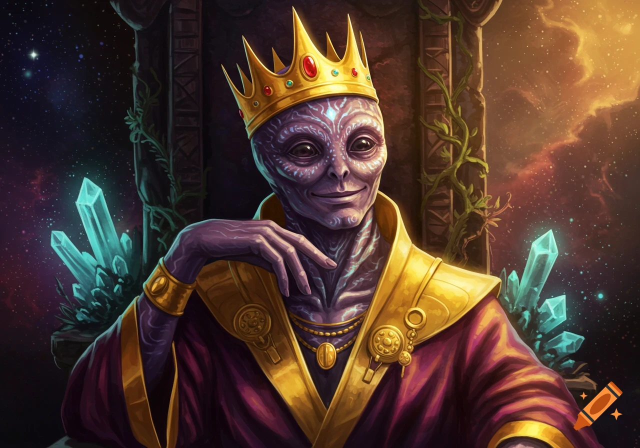 An alien king wearing a golden crown and robe sits on a throne with glowing crystals against a space background.
