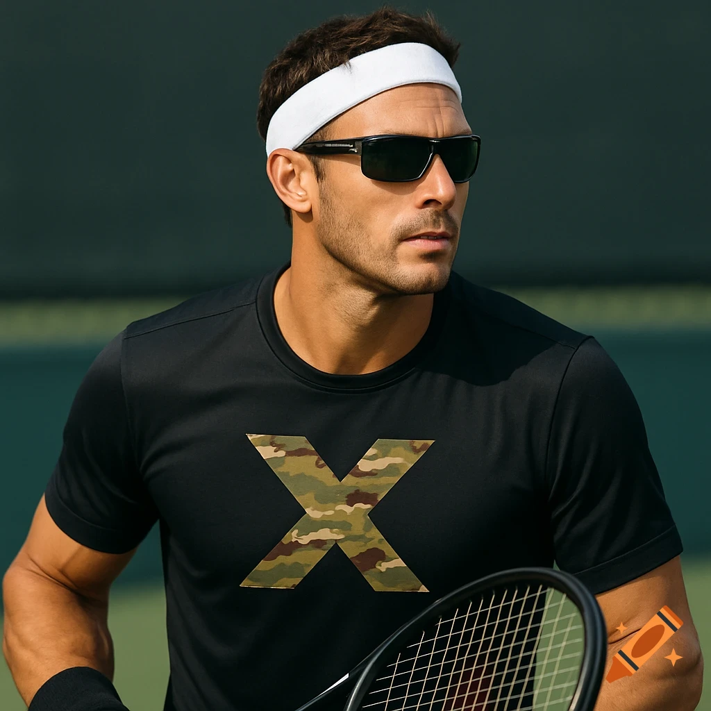 A male tennis player in black shirt with camouflage X and white headband holding a racket.