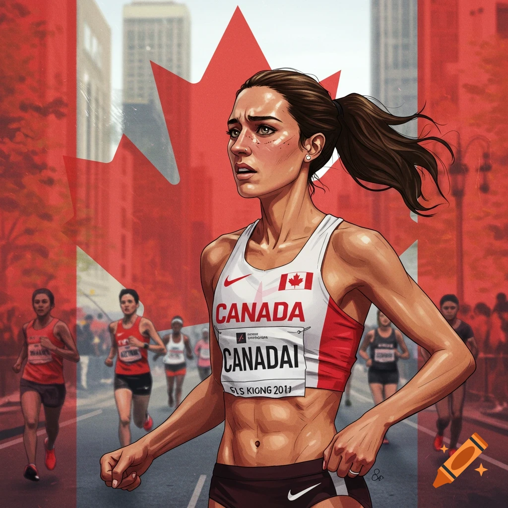 A female runner in a Canada tank top runs a marathon with a Canada flag background. Stylized illustration.
