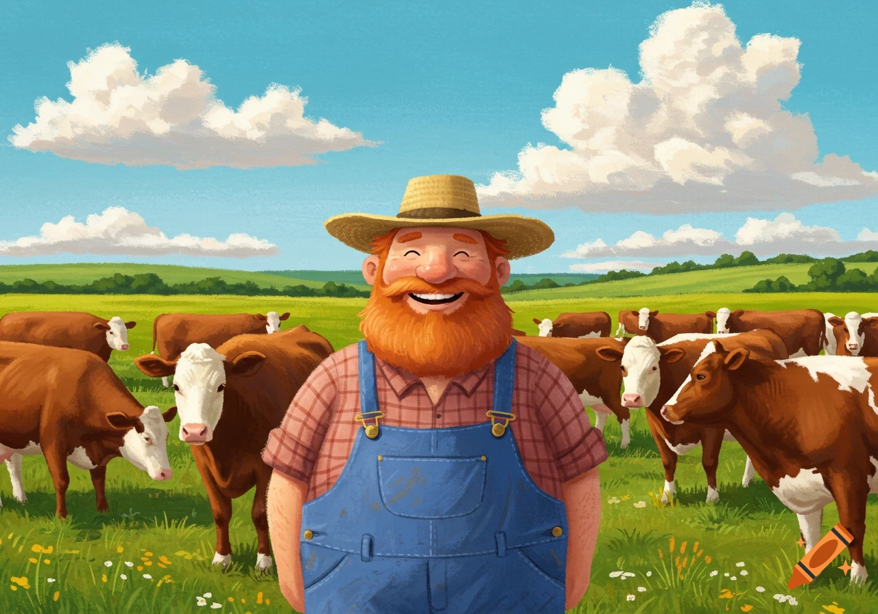 An illustration of a smiling farmer in overalls and a hat standing in a field with cows.