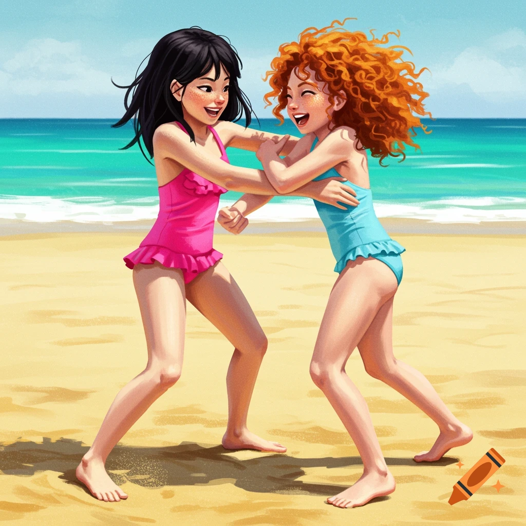 Two girls playing on a beach in an illustration style.