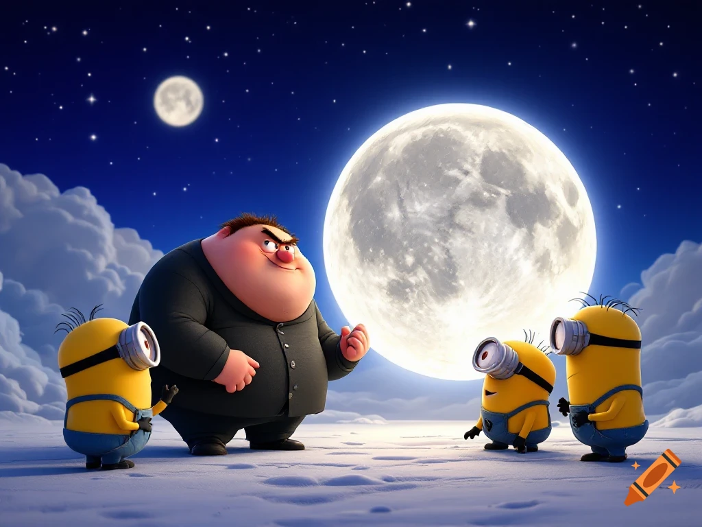Gru talks to minions under a large full moon at night on a snowy landscape.