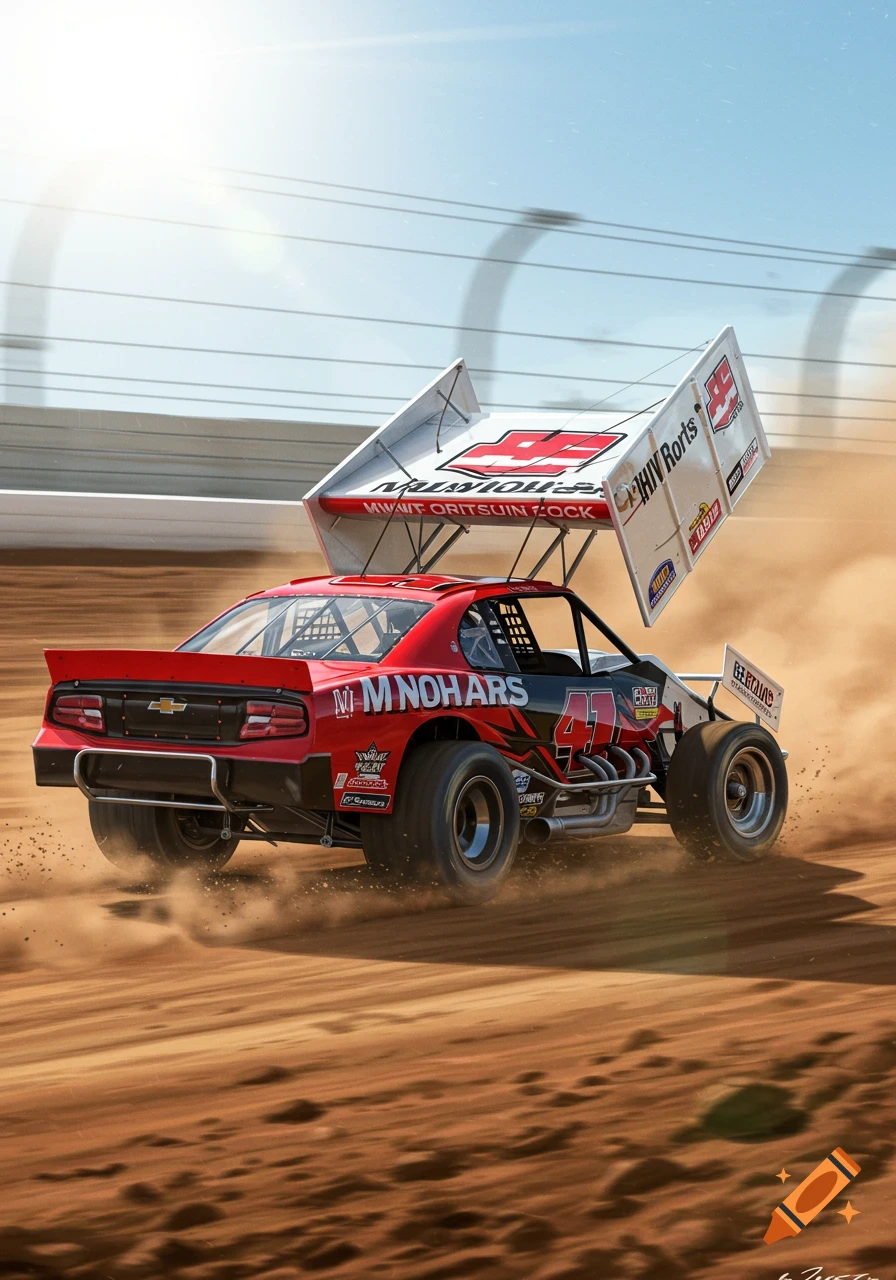 A red and black race car with a sprint car wing kicks up dust on a dirt track.