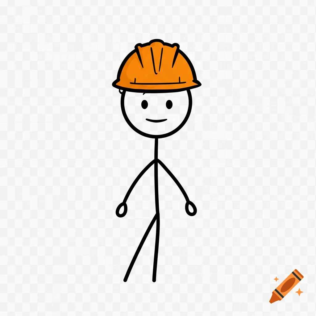 Stick figure drawing wearing an orange hard hat.