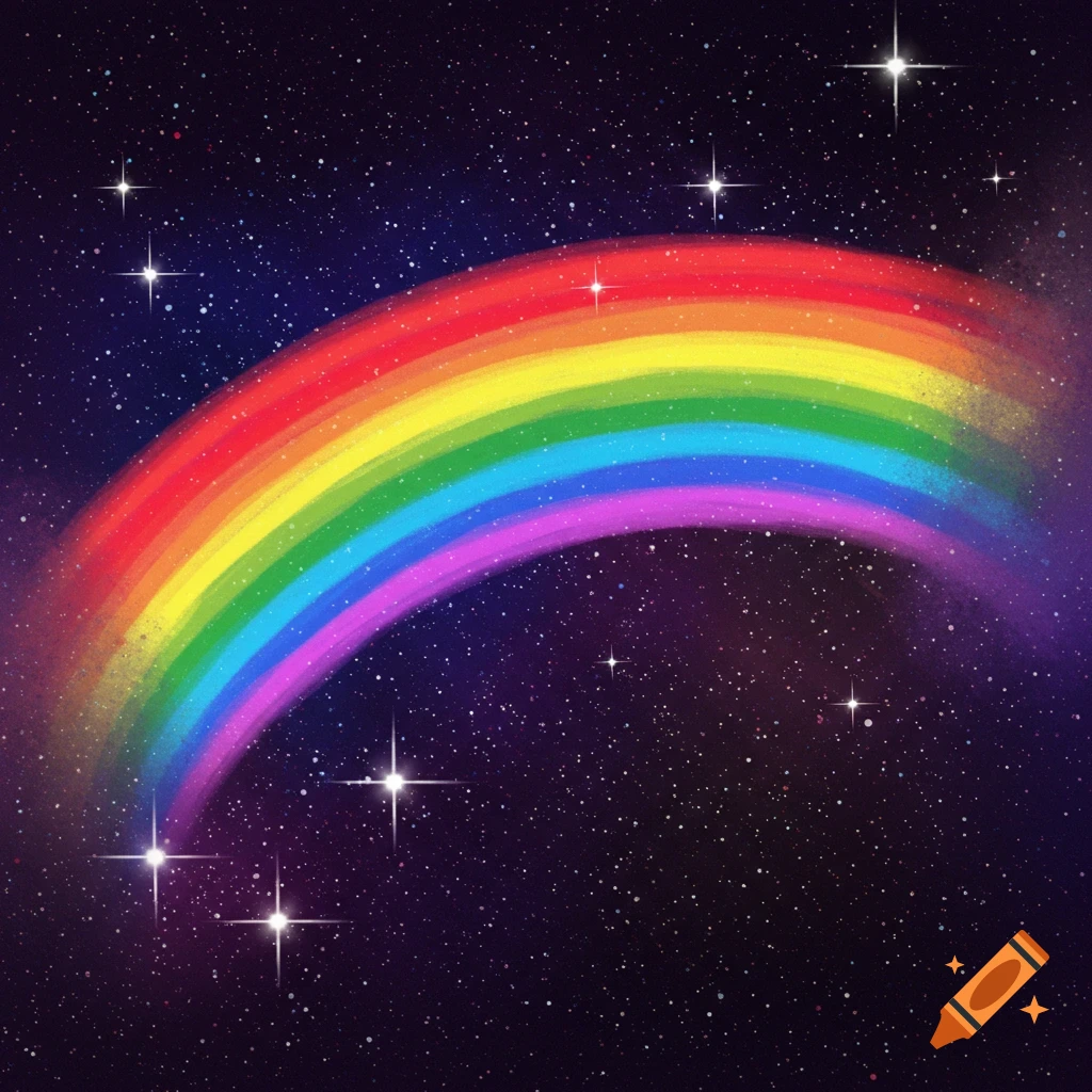 A brightly colored rainbow arches across a dark sky filled with many stars and twinkling lights.