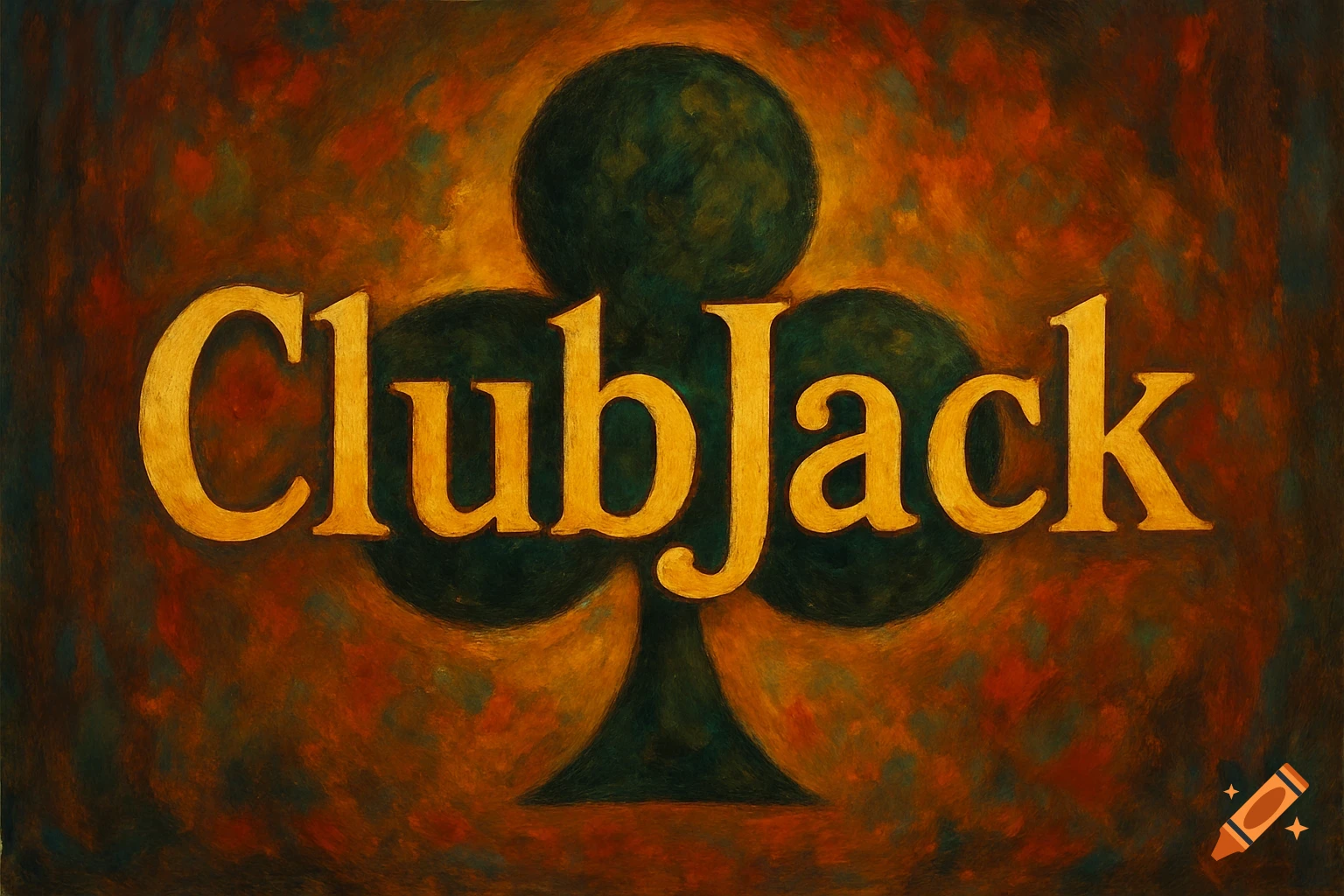 Painted text 'ClubJack' over a dark green club card suit symbol on a dark orange and green textured background.