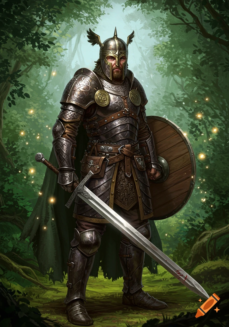 A detailed illustration of a Celtic knight in full armor standing in a forest.