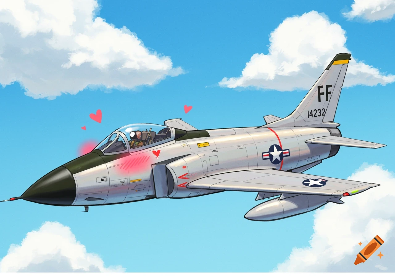 A cartoon F-84F fighter jet blushing with hearts in the sky.