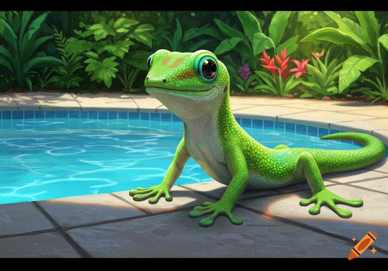 A cartoon-style green gecko sits on the edge of a swimming pool.