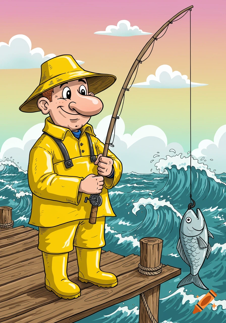 Cartoon fisherman in yellow rain gear fishing on a wooden pier with a fish on the line, surrounded by waves.