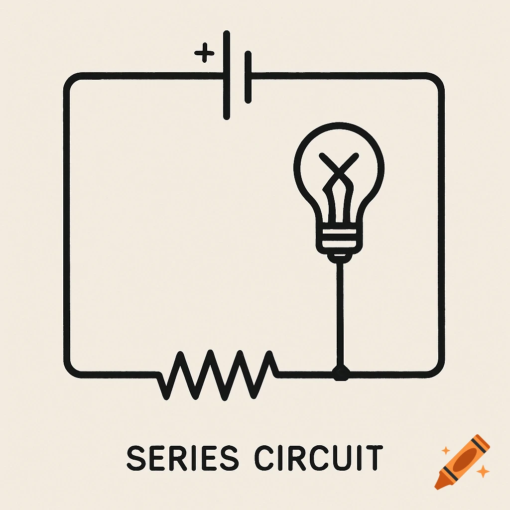 A simple line diagram of a series electrical circuit with a battery, resistor, and light bulb. Below it reads, 'SERIES CIRCUIT'.