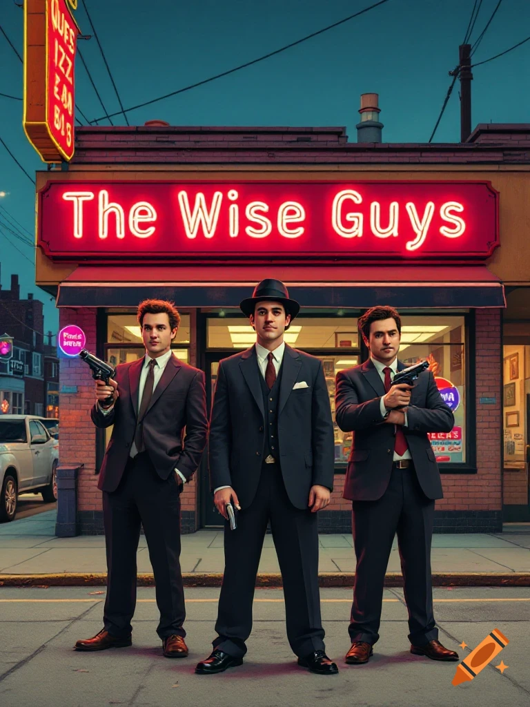 Three men in suits with guns stand in front of a pizza shop with a neon 'The Wise Guys' sign at night.