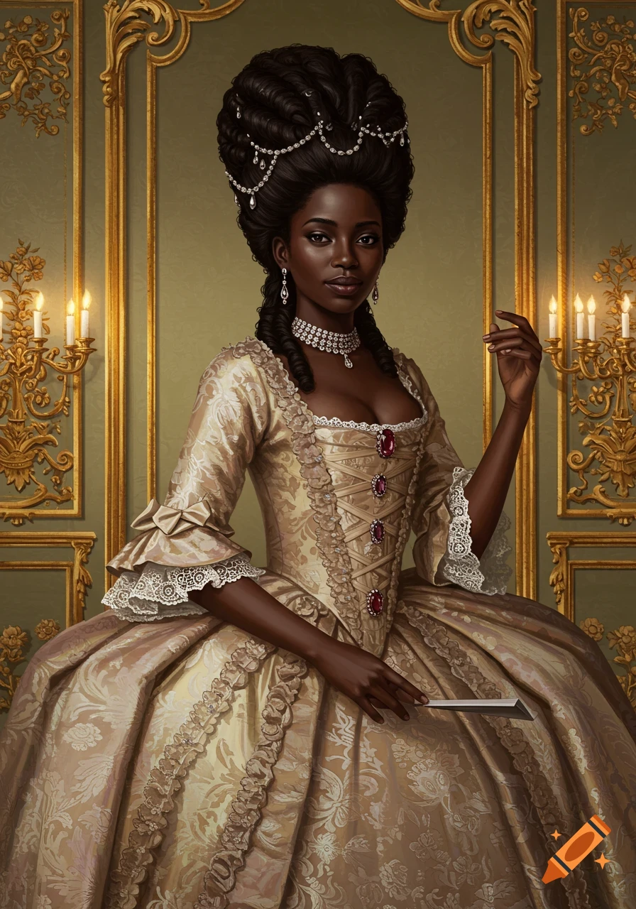 Portrait of an African woman in a gold rococo dress and elaborate hairstyle, standing in a gilded room.