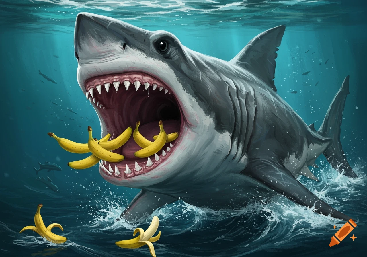 Cartoon illustration of a shark with bananas inside its mouth, swimming in the ocean.