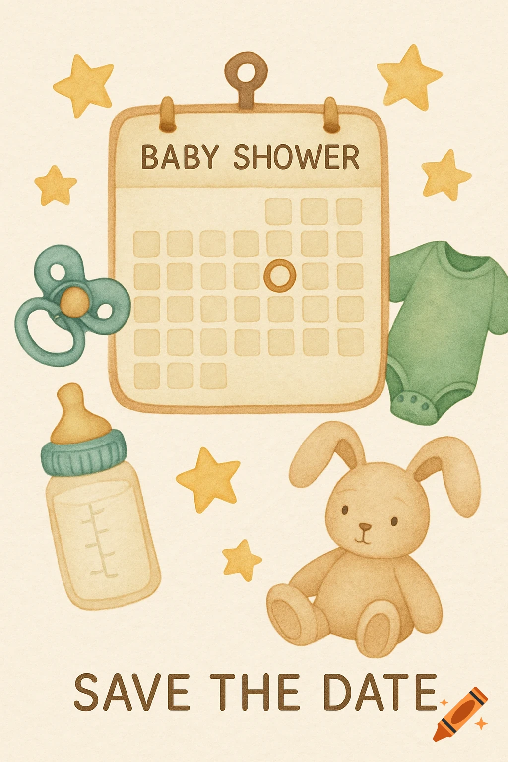 A watercolor illustration of a baby shower invitation with a calendar, pacifier, bottle, onesie, stuffed bunny, and stars, with text.