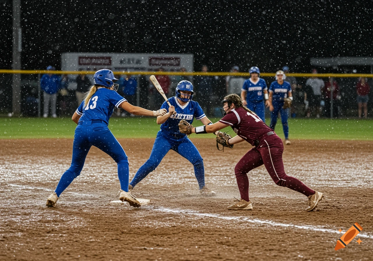 Softball players compete on a wet field during a rain shower.