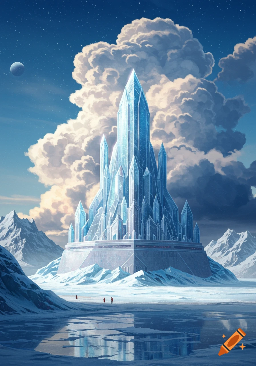 Crystal fortress in a snowy mountain landscape under a starry sky with ...