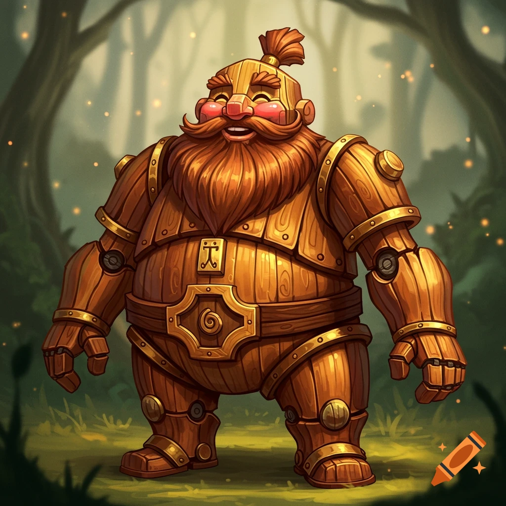 A chubby, jolly cartoon warforged character made of wood, with a large beard, stands in a forest.