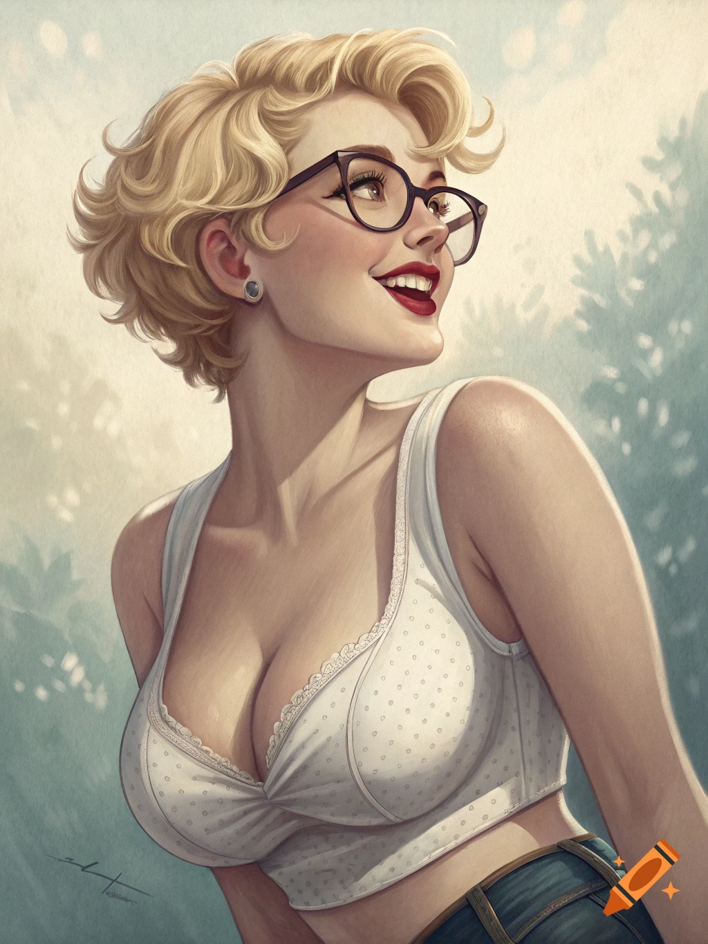 Illustration of a smiling woman with blonde hair and glasses in a white top.