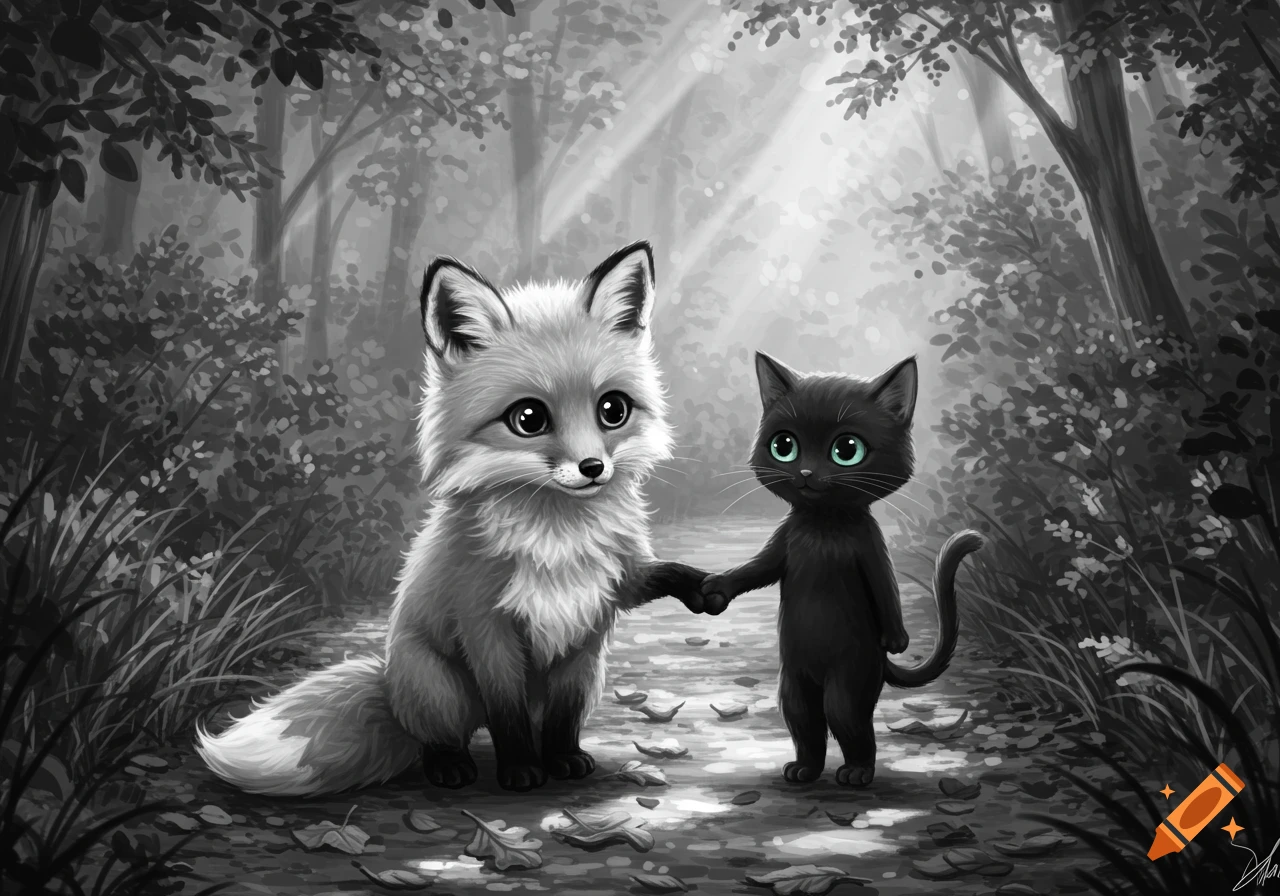 Cute fox and black cat hold hands in a black and white forest illustration.