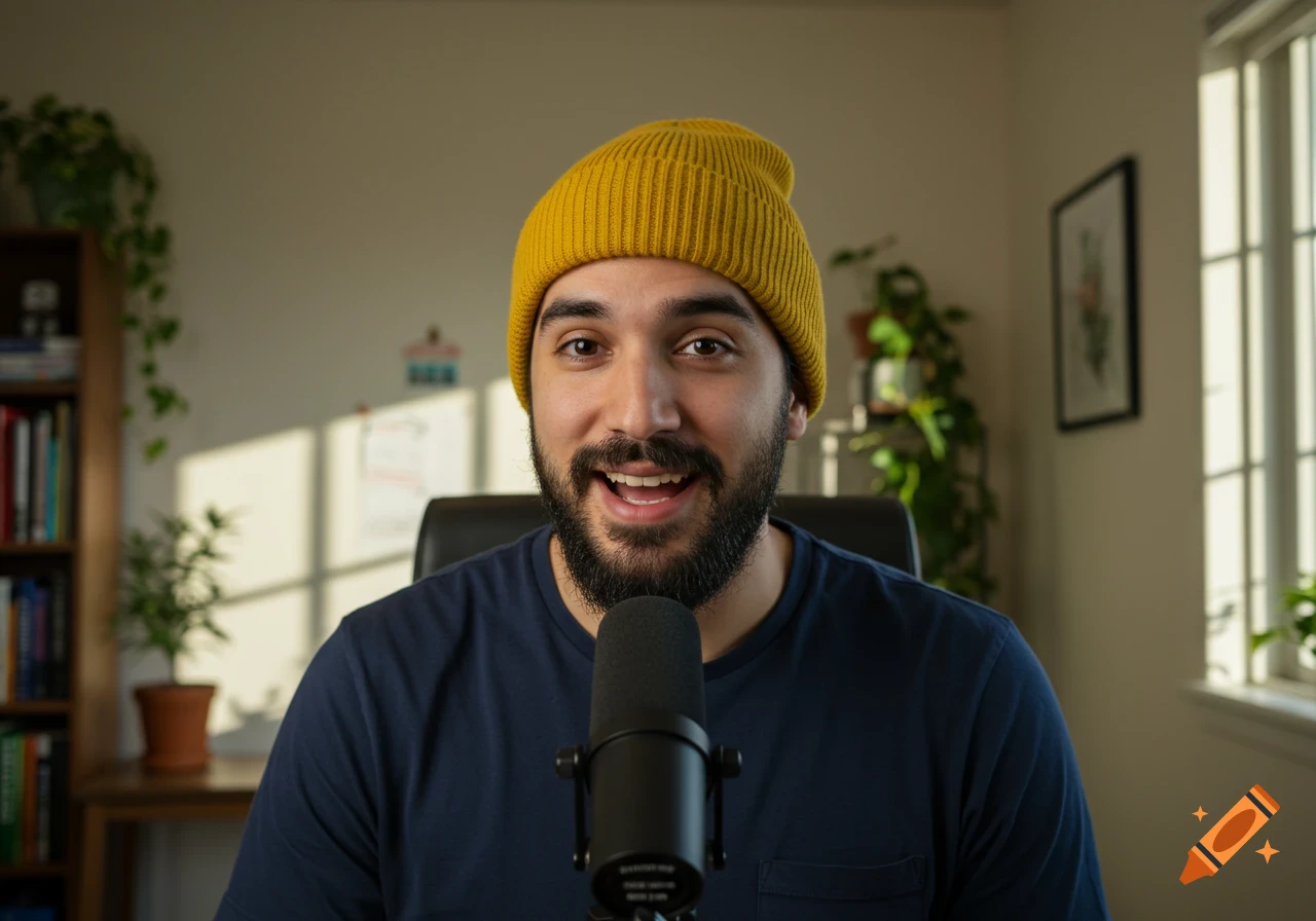 A man with a goatee and yellow beanie sits in front of a microphone