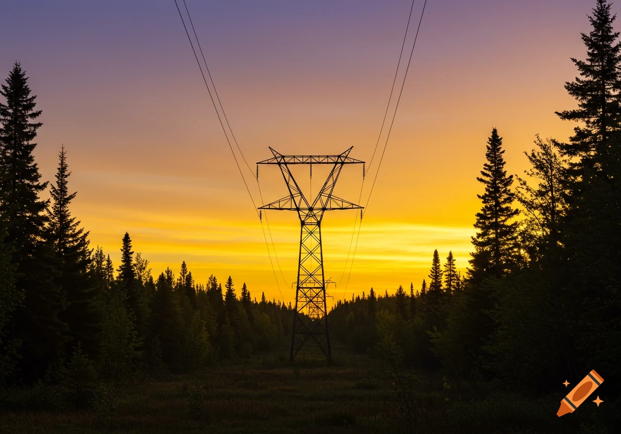 A power line tower silhouette against a vibrant orange and purple sunset over a forest.