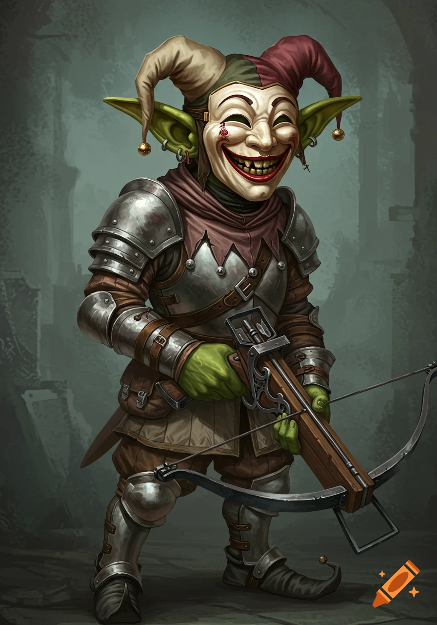 A goblin in armor wearing a grinning mask and holding a crossbow on Craiyon, image size:896x1280