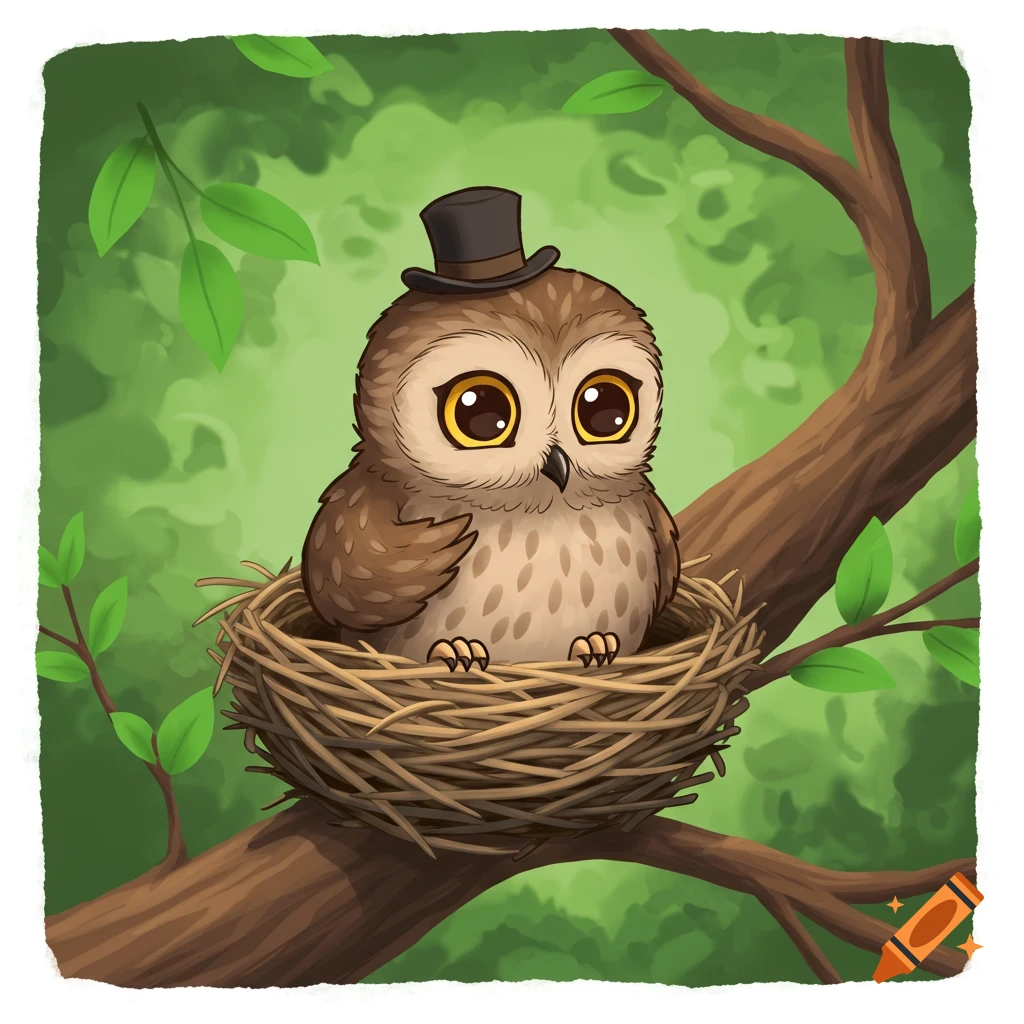A cute cartoon owl wearing a top hat sits in a nest in a tree.