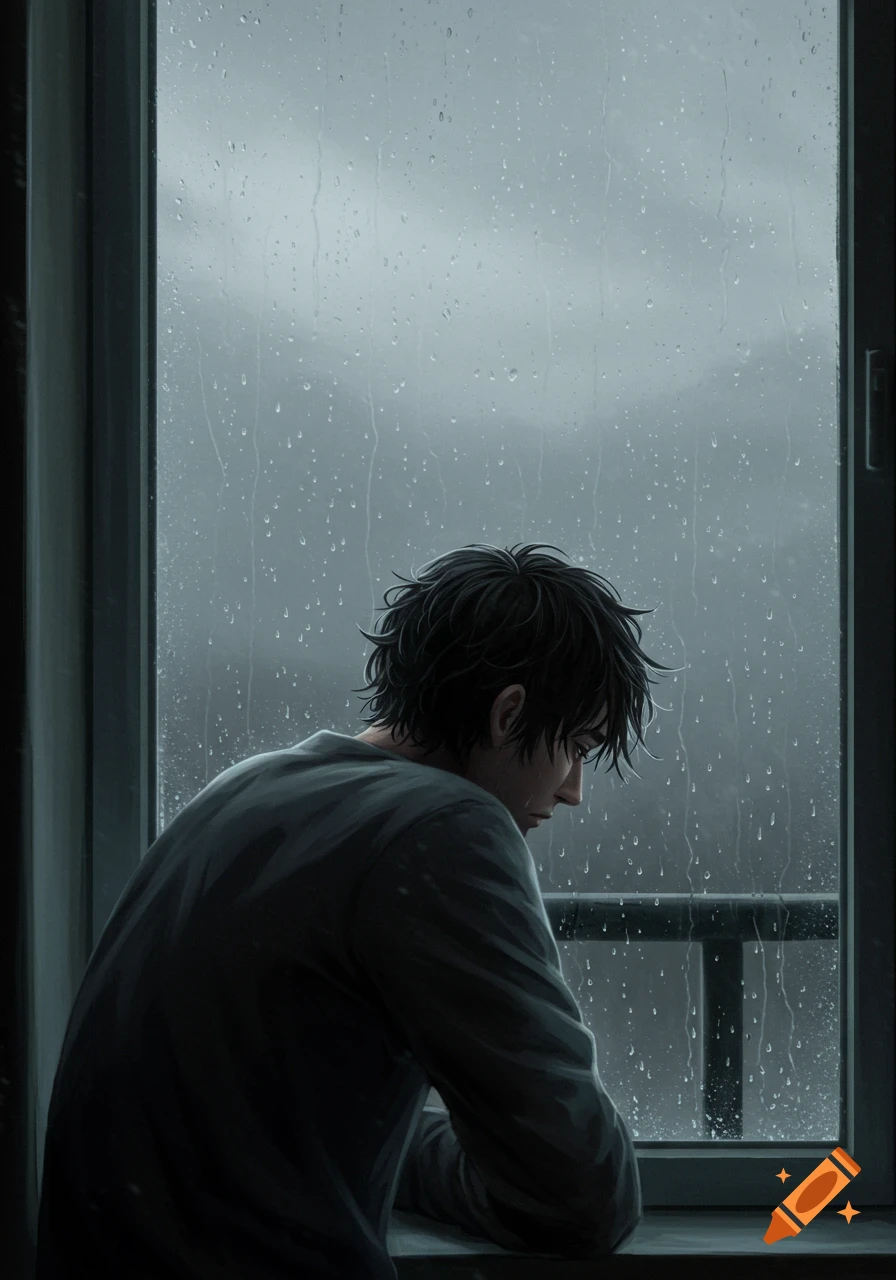 Illustration of a despondent man looking out a window at a rainy sky.