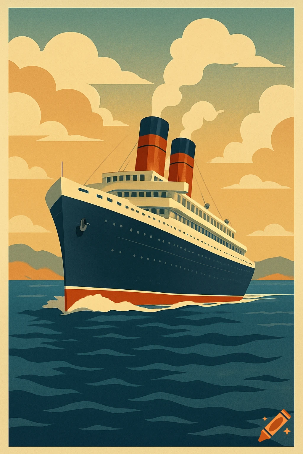 Stylized vintage travel poster of a cruise ship on the ocean.