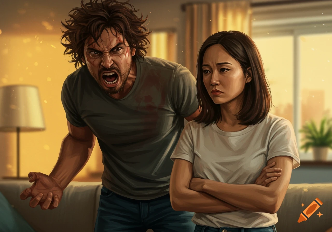 Illustration of a man yelling intensely at a woman in a room.