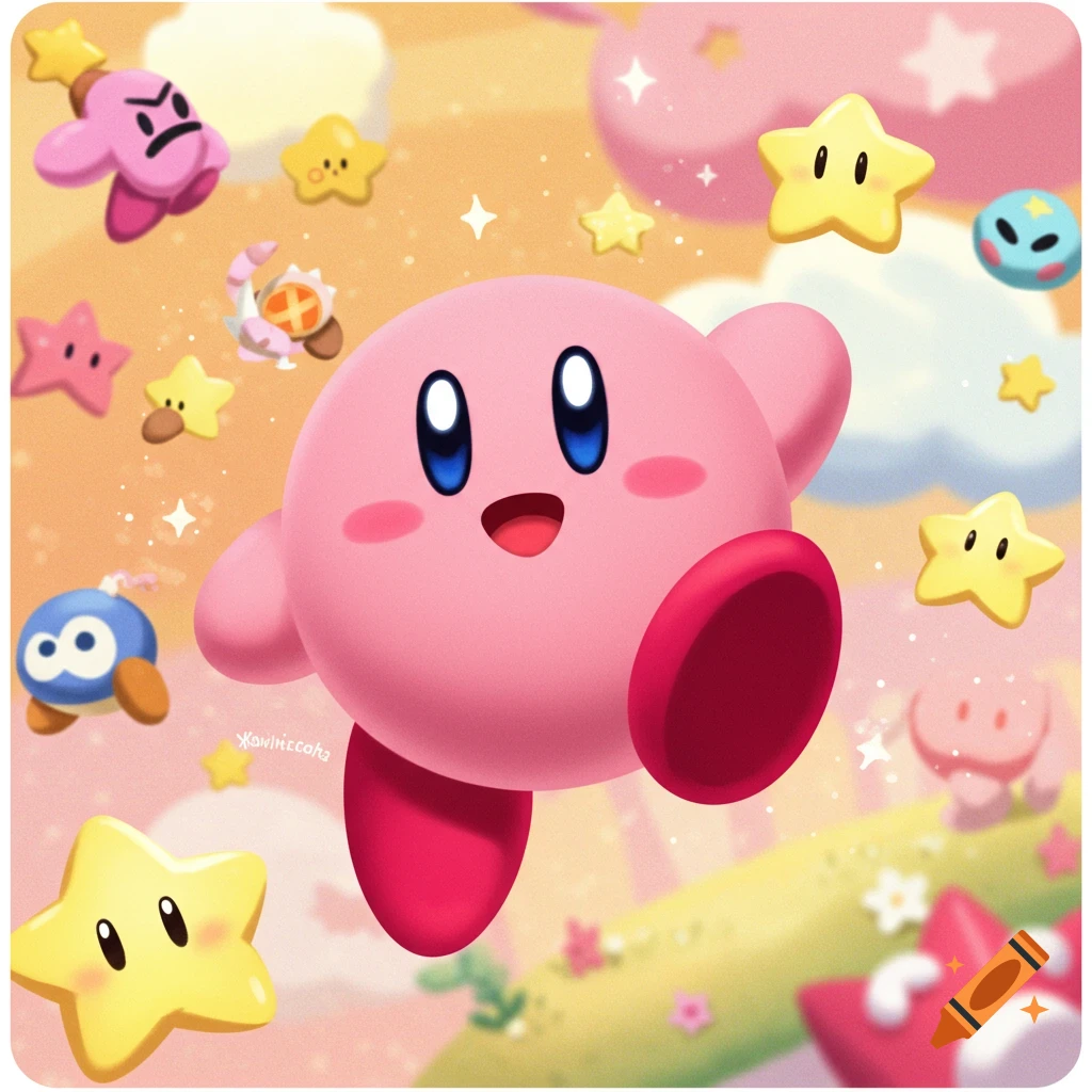 Kirby flying with stars and friends in a colorful scene