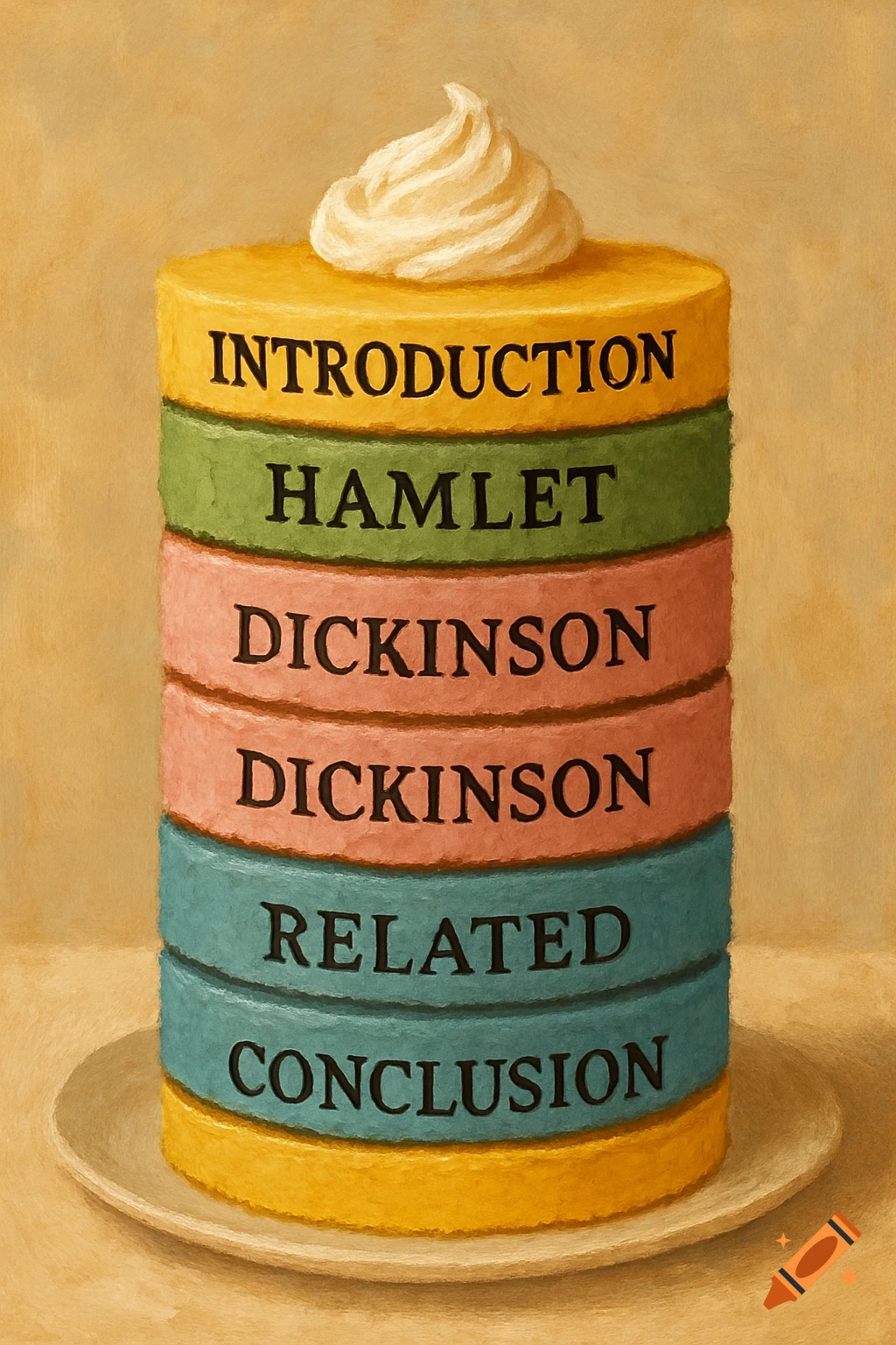 A painting of a multi-layered cake labelled with literary terms like 'Introduction', 'Hamlet', 'Dickinson', 'Related', and 'Conclusion'.