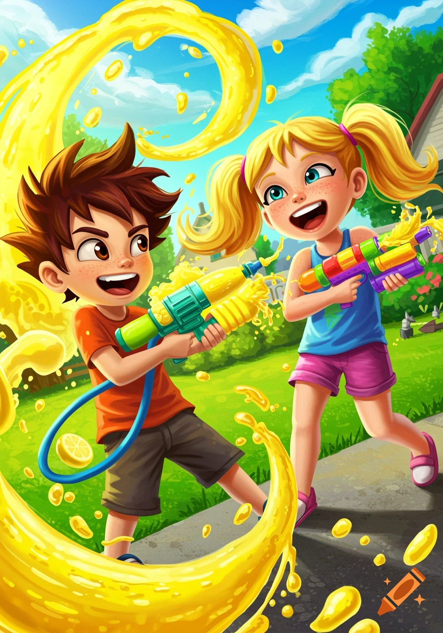Cartoon illustration of a boy and girl having a lemonade war with squirt guns in a sunny yard.
