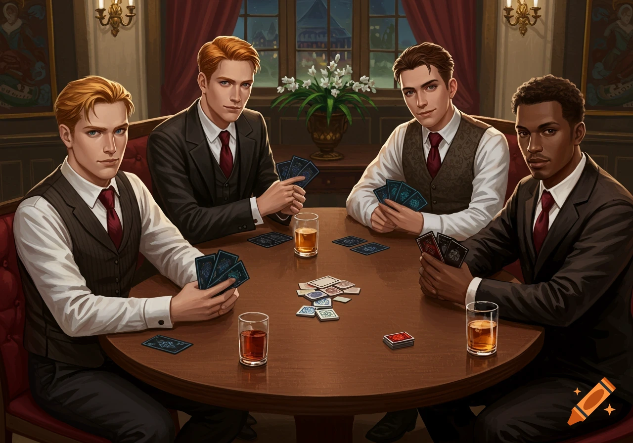 Four men in formal attire play cards at a table in a room with drinks.
