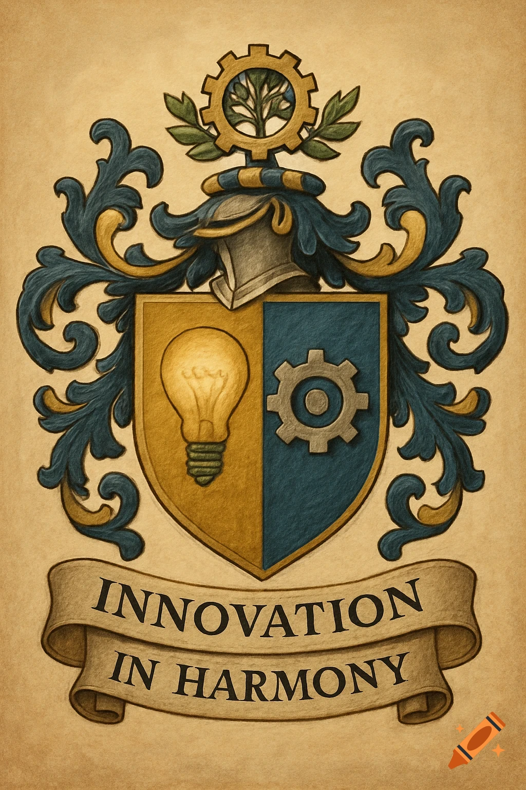 A stylized coat of arms featuring a shield split between a lightbulb and a gear, topped with a helmet, foliage, and a gear framing a tree. A banner below reads 'Innovation in Harmony'.
