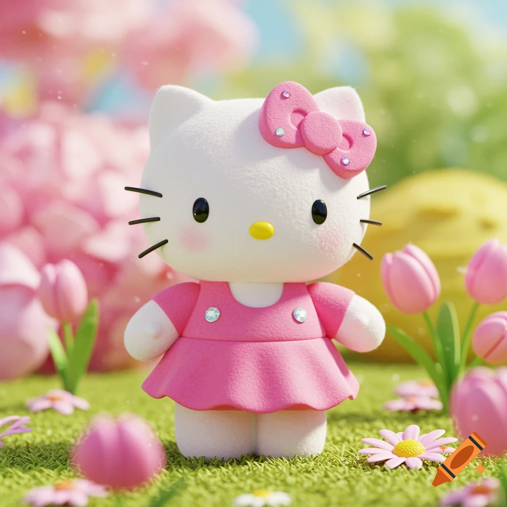 A cute, plush toy-like Hello Kitty character in a pink dress stands in a sunny garden filled with pink flowers and tulips.