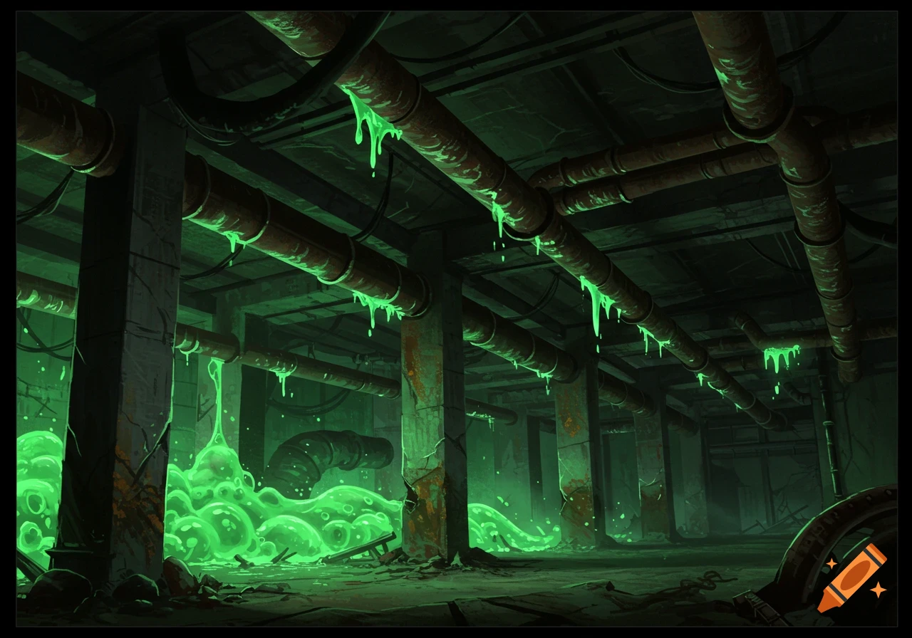 A dark and grimy run-down factory basement filled with pipes dripping green ooze, surrounded by towering pillars.