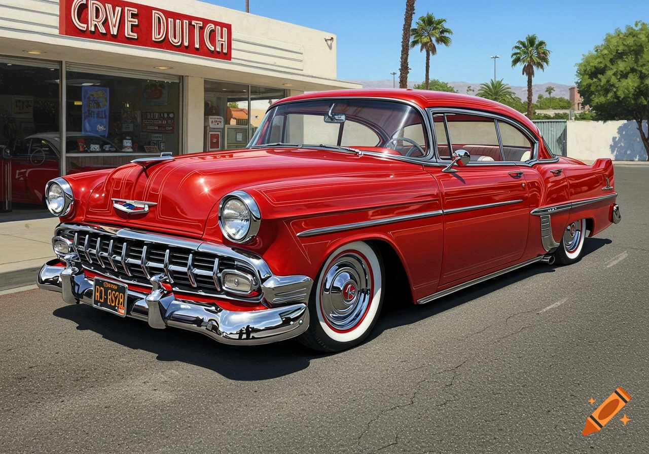 A red classic lowrider car with pinstripes parked in front of a building with a sign and palm trees.