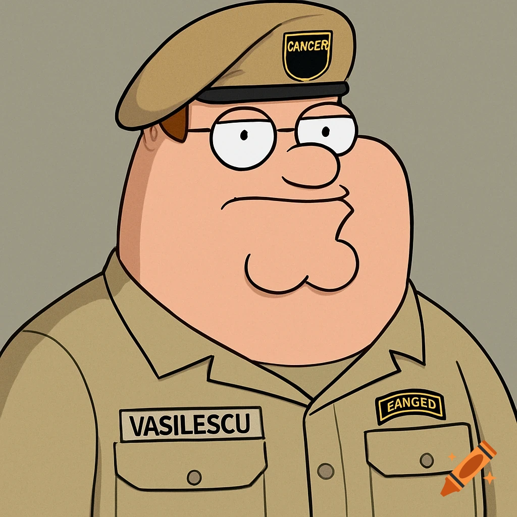 Peter Griffin in a cartoon style wearing a tan beret and military uniform with name tape and patches.