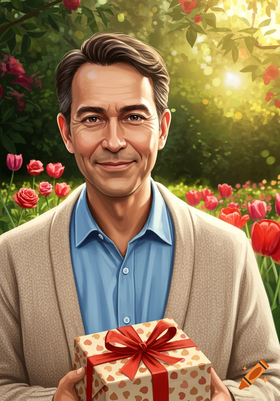 Smiling man holds a gift box with heart patterns in a garden with flowers, digital illustration.