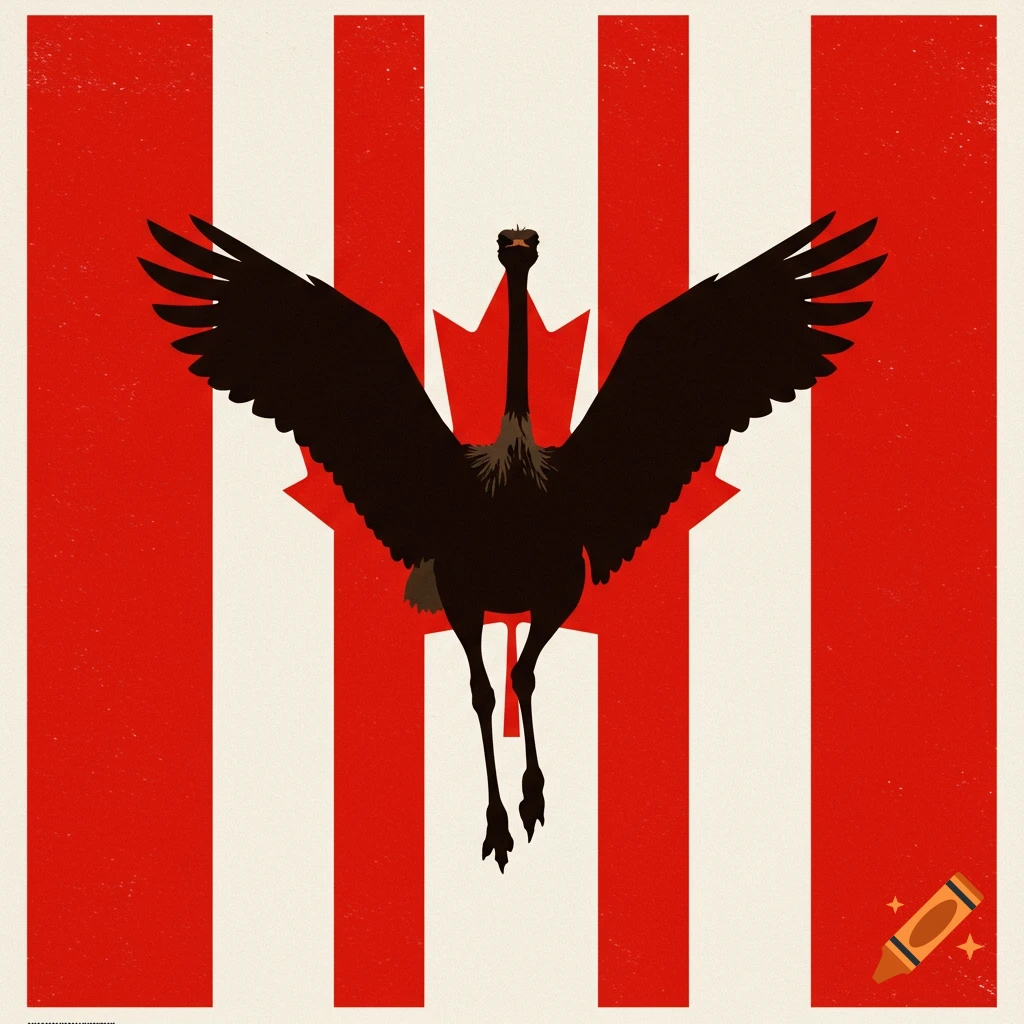 Black ostrich silhouette against a Canadian flag background.