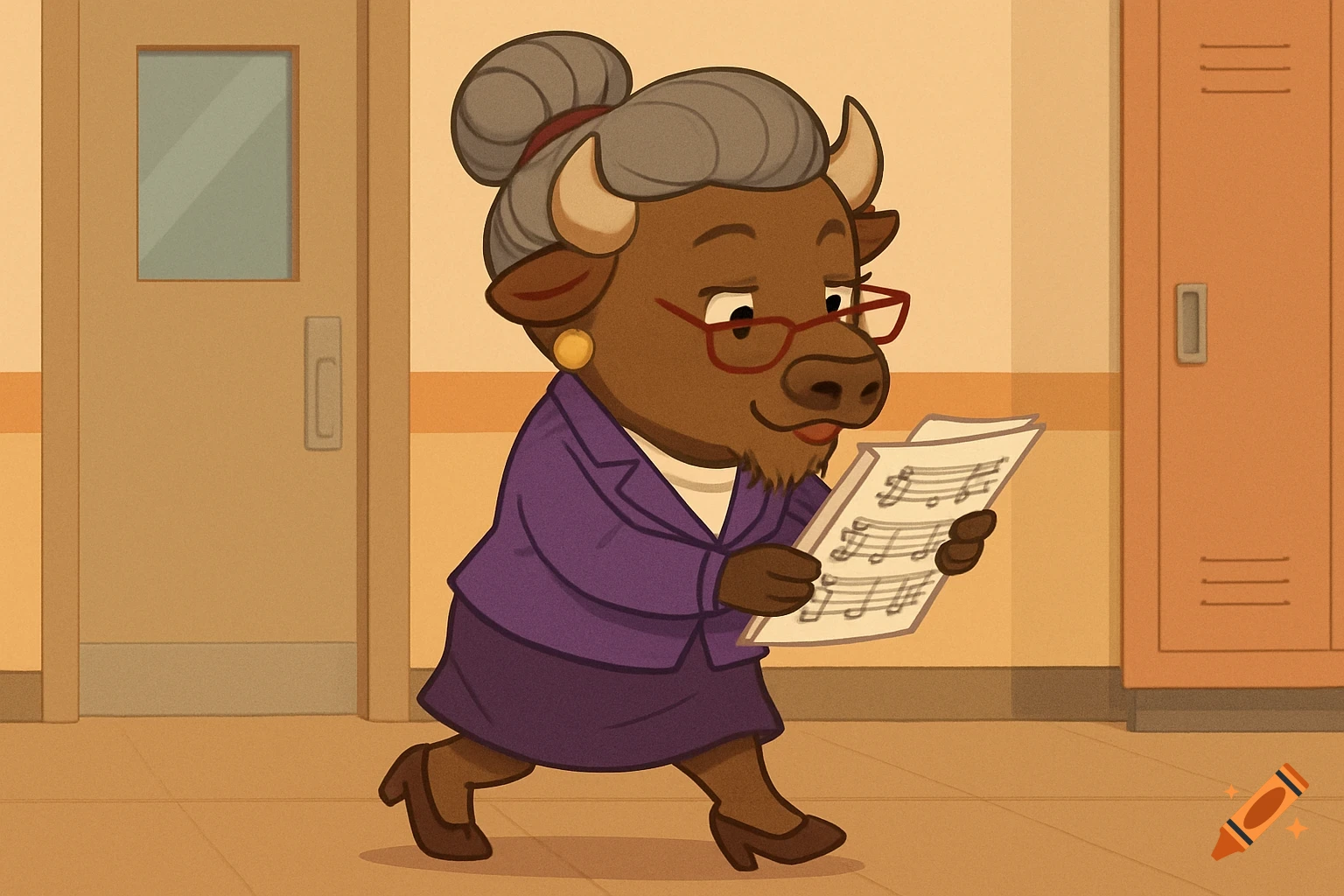 Cartoon bison teacher walking in a school hallway holding music paper.