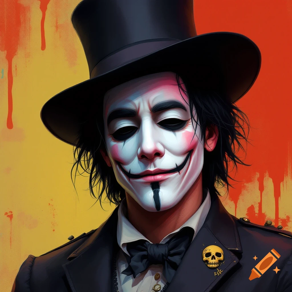 A person in a top hat and a V for Vendetta-style mask wears a black suit and bow tie against a distressed orange and yellow background.